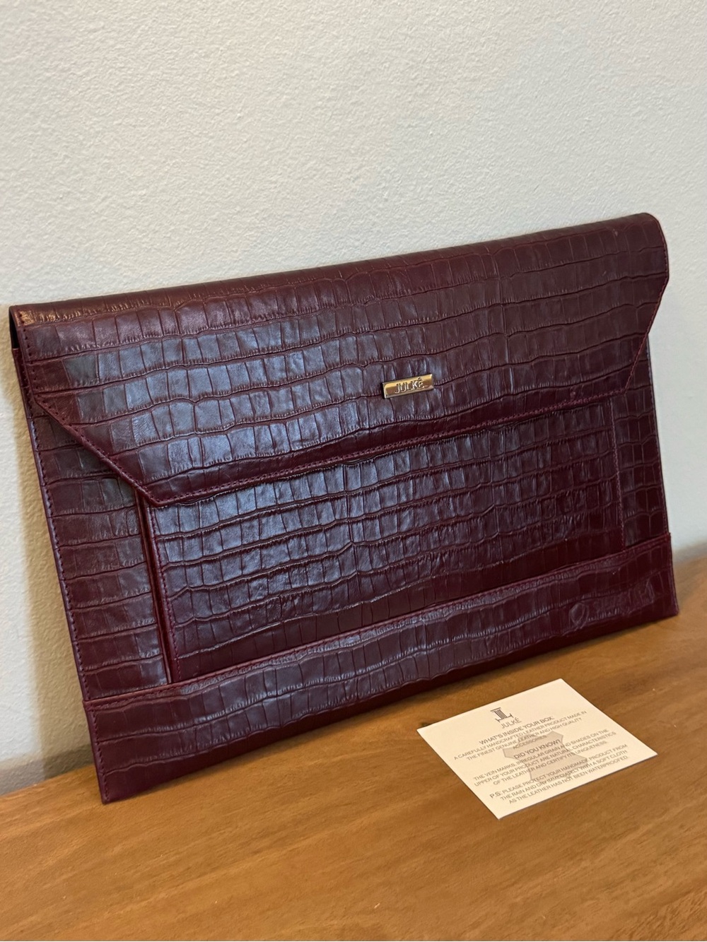 Croc-Embossed Handcrafted Genuine Leather Laptop Envelope - Burgundy